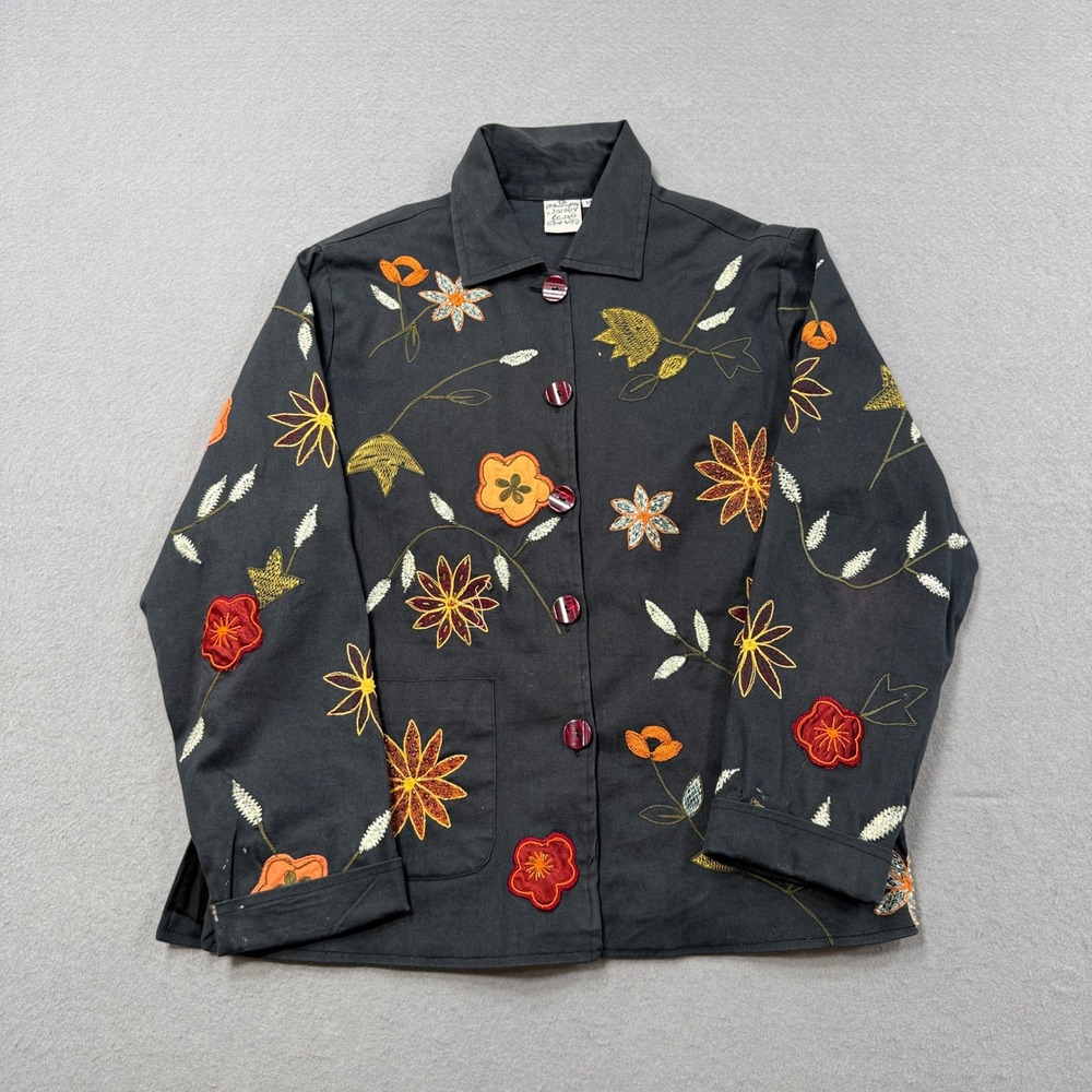 Parsley & Sage Shacket Women's Medium Black Floral Applique Embroidered Vintage